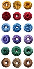 set of knitting yarn balls PNG. Yellow wool yarn ball. Red cotton yarn ball for clothes and textiles. Purple yarn ball full of strings. Blue wool yarn ball. Green cotton yarn ball. Brown yarn ball PNG