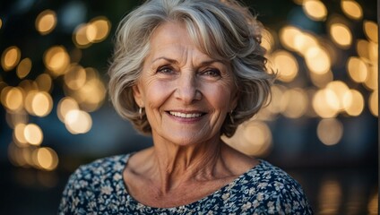 Fototapeta premium A joyful lady with radiant skin and a captivating smile, adorned in stylish clothing, gazing confidently into the camera with a hint of wrinkles adding character to her portrait