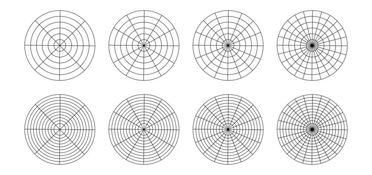 Polar grid divided into radial degree template isolated PNG. Polar coordinate circular grid set. Pie chart blank.