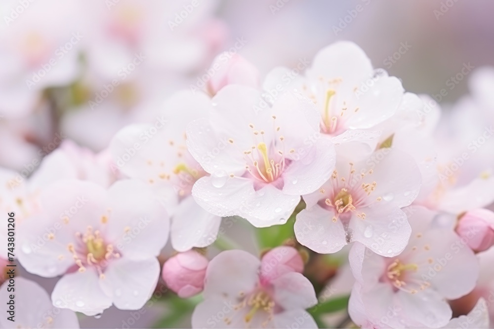 Poster a cluster of delicate white flowers with vibrant pink centers bloom against a soft background, creat