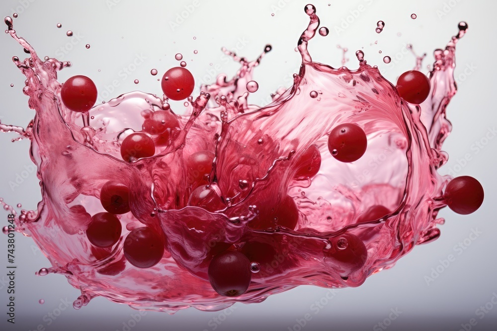 Poster fresh cherries delicately float in a splash of water, creating a vibrant and refreshing sight