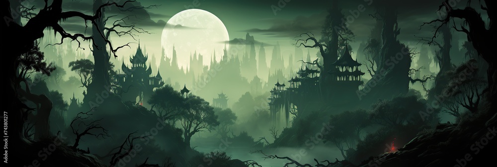 Aufkleber a mesmerizing painting capturing a serene forest scene under the enchanting glow of a full moon in t
