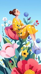 A girl sits on top of flowers, International Women's Day, Queen's Day, Girls' Day scene illustration - obrazy, fototapety, plakaty