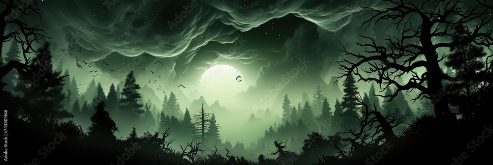 Poster A dense forest with an abundance of trees beneath a brooding, dark sky, creating a mysterious and enchanting atmosphere, banner