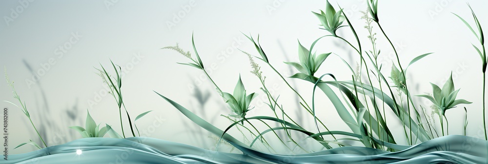 Sticker A captivating painting featuring lush green grass swaying gently in the breeze, juxtaposed with sparkling waters reflecting the clear blue sky, set against a pristine white background