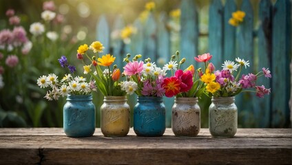 Different vases with beautiful flowers, background 