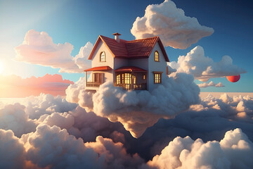 3d house floating on clouds