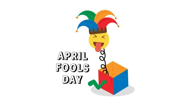 4k Animation April Fools Day text with jack in the box toy, springing out of a box