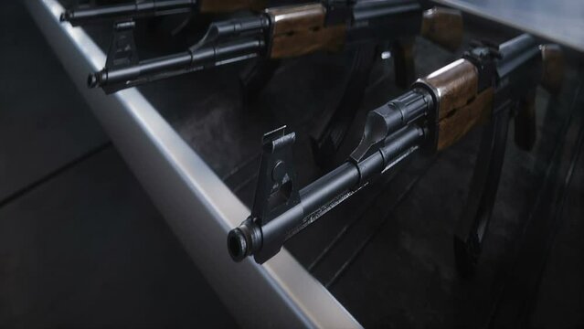 Russian machine gun AK 47 production factory. War concept. Realistic 4k animation.