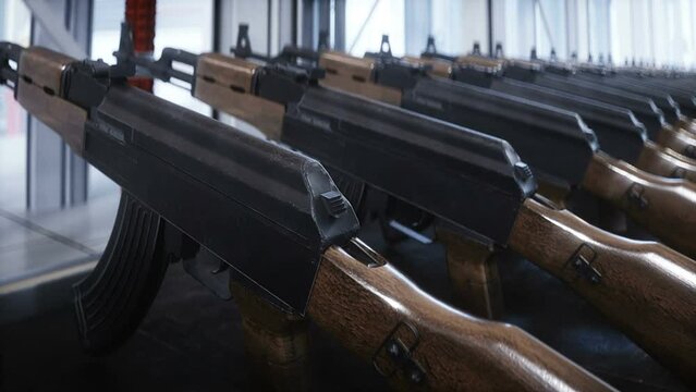 Russian machine gun AK 47 production factory. War concept. Realistic 4k animation.