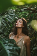 Professional Photography of a Supermodel in a Serene and Contemplative Nature-Inspired Shoot, Surrounded by Lush Landscapes and Natural Elements, Generative AI