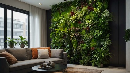 Fototapeta na wymiar Step into a cozy indoor oasis as lush greenery cascades down the wall, framing a comfortable couch and inviting window in this stylish living room