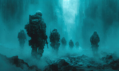 Squad of soldiers walks through misty icy cave. - obrazy, fototapety, plakaty