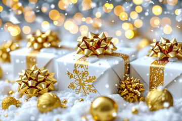 Festive Christmas Gifts: Boxes Tied with Ribbons and Bows, Set Against a Snowy Backdrop for a Season of Giving