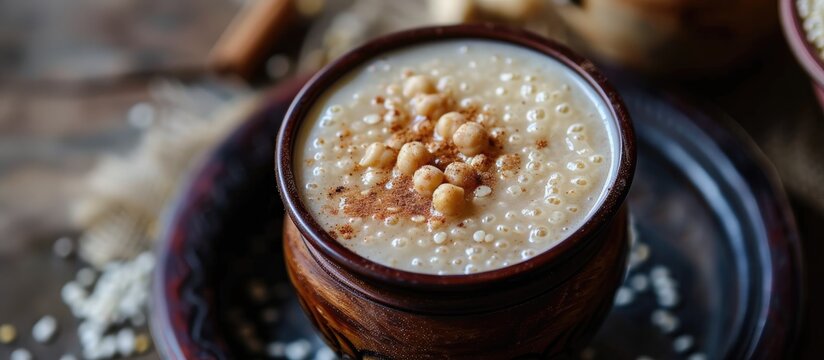 A detailed shot showcasing a cup of traditional Turkish boza, a millet-based beverage, along with a plate of food comprising roasted chickpeas, sugar, cinnamon, and millet water.
