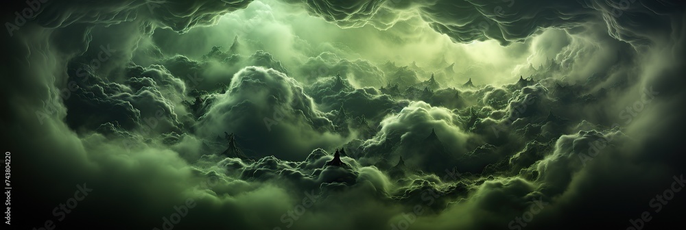 Poster a mysterious blend of green and black clouds drift across the sky, creating a captivating and otherw