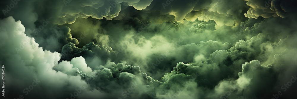 Poster A painting showcasing an otherworldly scene of mystical green clouds swirling and overlapping in the sky, creating a surreal and captivating atmosphere