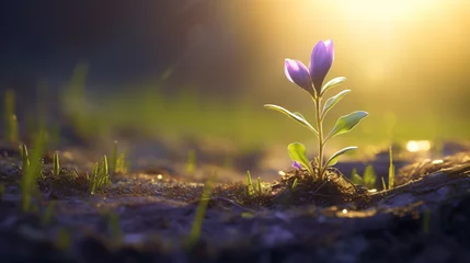 Schilderijen op glas A Tiny Lavender Sprout Grows in a Field Surrounded © Aliza
