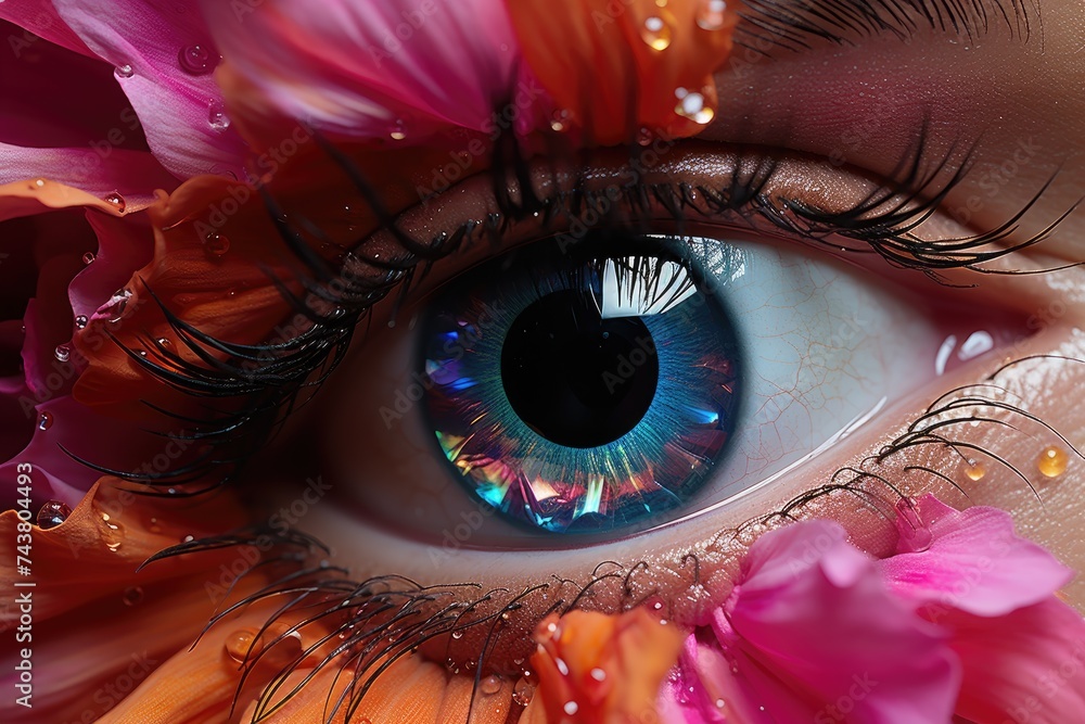 Poster detail beauty of a persons eye with a stunning array of colorful flowers delicately surrounding it