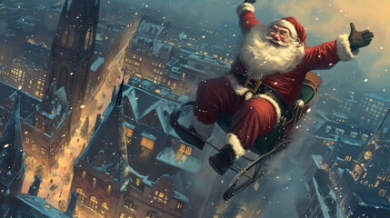 A Tired Santa Claus Flies Above the Ground Through