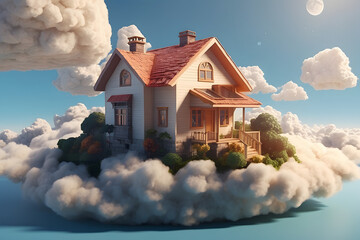 3d house floating on clouds