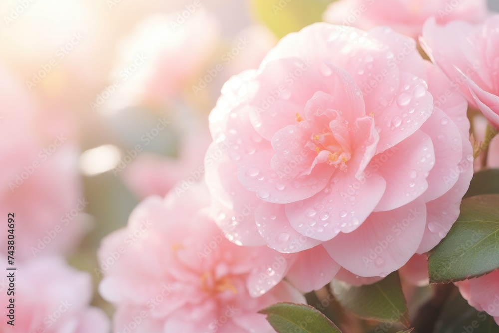 Poster A vibrant bunch of pink flowers glisten with water droplets, each droplet catching the light, creating a mesmerizing and ethereal spectacle