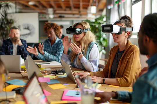 Multinational business team using virtual reality headsets in office meeting. Technology concept