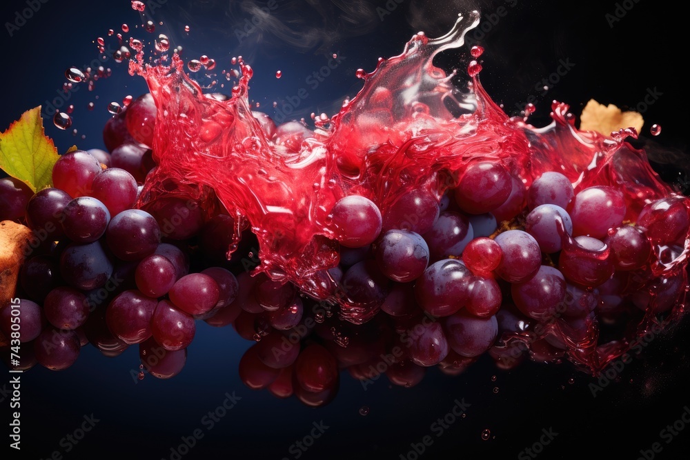 Poster a bunch of ripe grapes is being showered with splashes of water, creating a dynamic and refreshing d