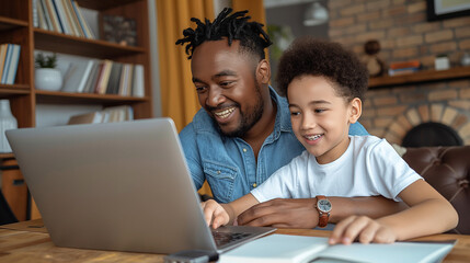 Father helping son with homework, laptop, computer - obrazy, fototapety, plakaty