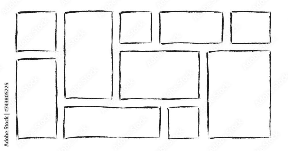 Poster chalk rectangle frames set. hand drawn pencil square borders. ink empty square stamp. grunge black t
