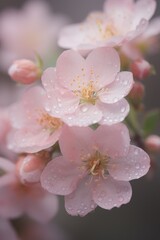 Fototapeta premium A cluster of delicate pink flowers glisten with water droplets, enhancing their natural beauty and grace. Each petal holds a tiny world of shimmering wonder