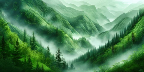 Stickers meubles Olive verte Serene Forest at Dawn: A Peaceful Landscape Capturing the Early Morning Mist Among the Trees, Inspiring Calm and Reflection