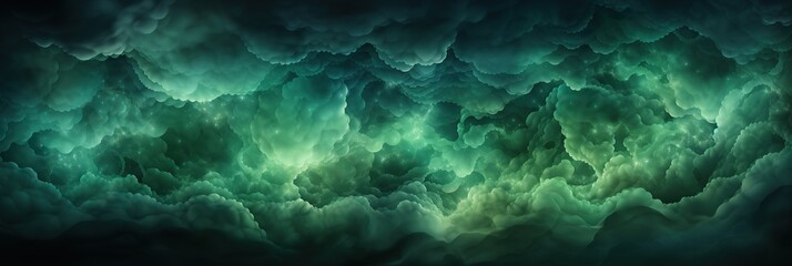 Fototapeta premium A mysterious captivating scene unfolds as swirling clouds drift across a vivid green and black background, creating a mesmerizing play of shadow and light
