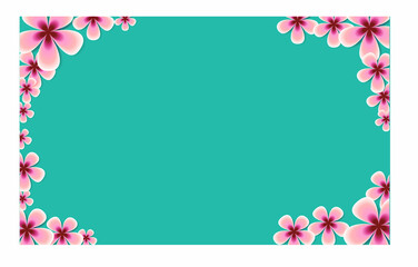 The blue background has white flowers mixed with pink and red.