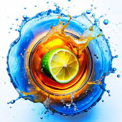 Half a lime falls into a glass of tea, splashing drops of water around. This emphasizes the refreshing and colorful character of the drink.