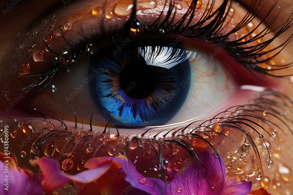 Poster this stunning close-up image showcases a mesmerizing blue eye adorned with delicate water droplets, 