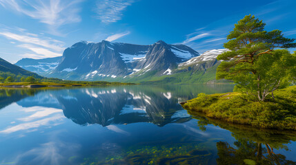 Reflections of Serenity: Alpine Lake and Snowy Peaks