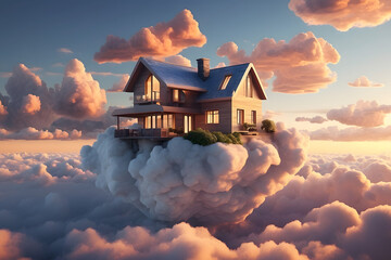 3d house floating on clouds