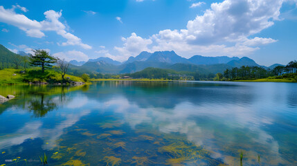 Serene Mountain Lake with Lush Aquatic Plants