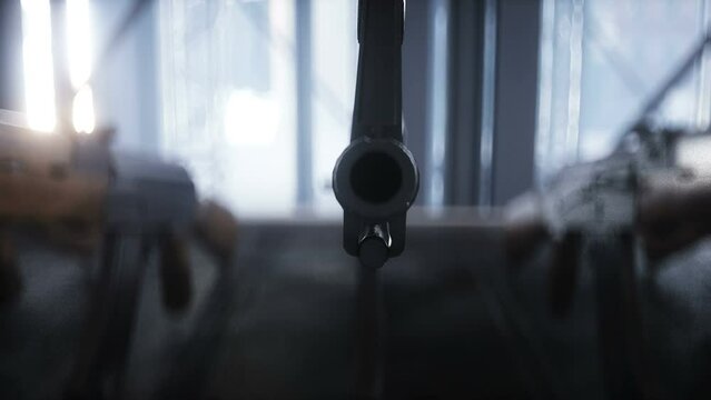 Russian machine gun AK 47 production factory. War concept. Realistic 4k animation.