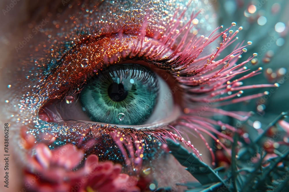 Poster A detailed close-up image capturing a persons eye adorned with shimmering glitter, creating a mesmerizing and enchanting visual