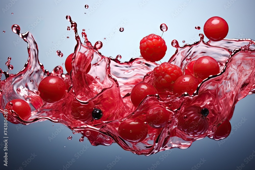 Poster a vibrant splash of water adorned with fresh red berries, creating a striking and refreshing visual 