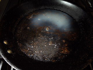 Closeup overhead shot of unhealthy cold saturated fat or lard which has been left in the base of a frying pan.