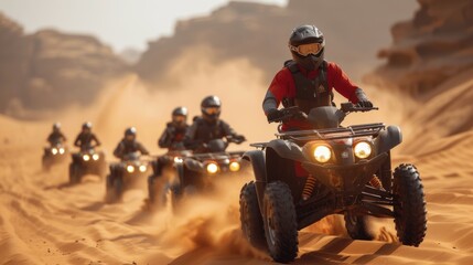 High-speed racing of several people riding atvs in the desert