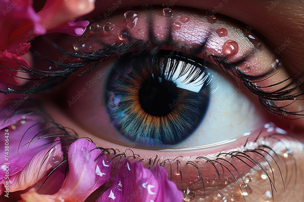 Poster a detailed close-up shot of a persons eye with shimmering water drops glistening on the surface, cre