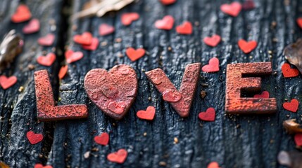 The word love is creatively spelled out using vibrant red heart shapes on a rustic piece of wood,...