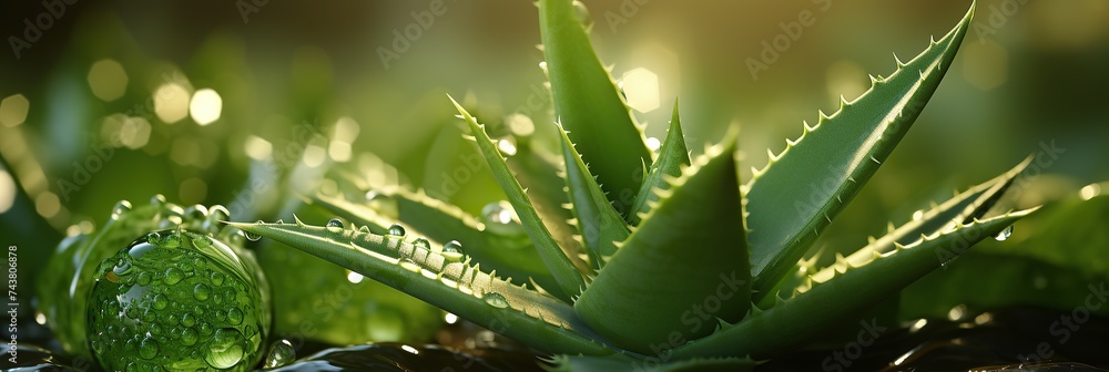 Poster a detailed view of a plant covered in sparkling water droplets, reflecting the light and adding a se