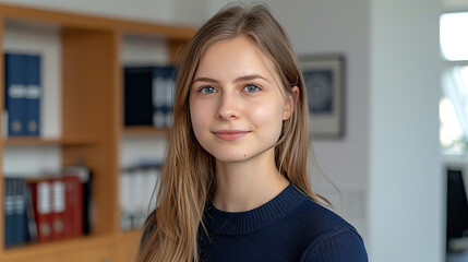 Portrait of smiling young female student sitting at desk in college library