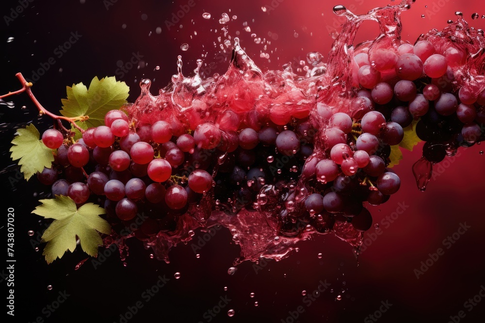Poster fresh bunch of grapes being playfully splashed with water, creating a mesmerizing and refreshing sig