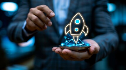 Businessman launching rocket for fast business success and growth, startup concept